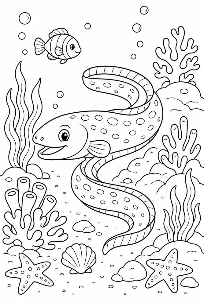 Sea Animal Eel In Reef Scene printable coloring page