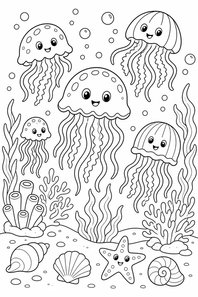 Sea Animal Jellyfish Group Scene printable coloring page