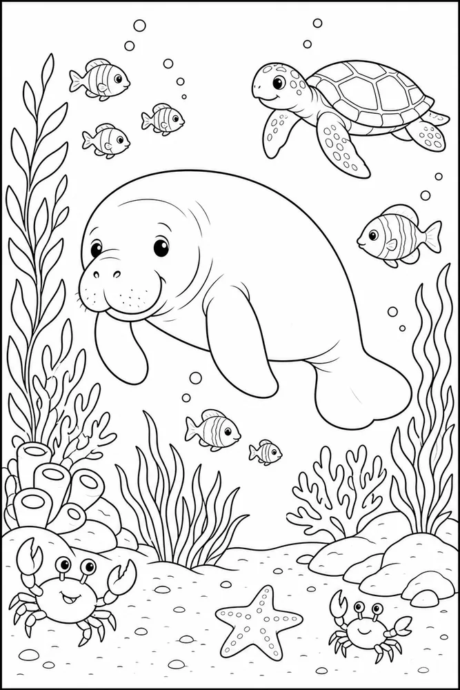 Sea Animal Manatee Lagoon Scene printable coloring page