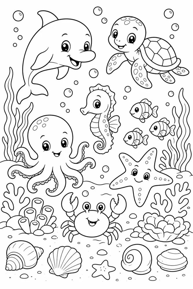 Sea Animal Mixed Baby Sea Animals printable coloring page
