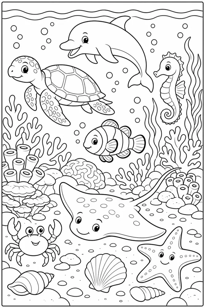 Sea Animal Mixed Coral Reef Animals printable coloring page