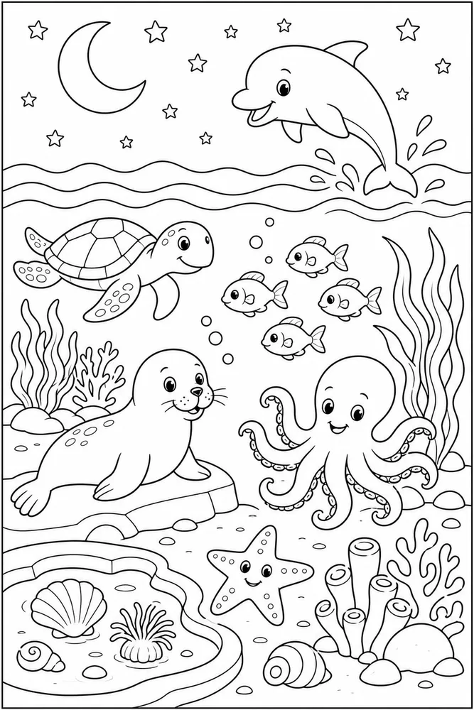 Sea Animal Night Ocean Animal Scene printable coloring page