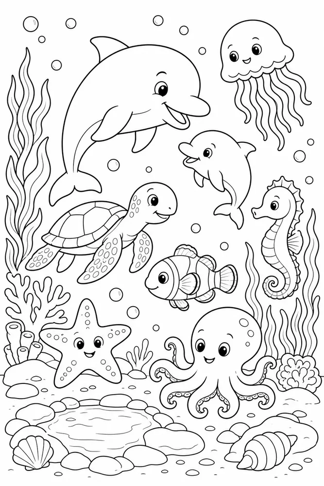 Sea Animal Ocean Animal Family Group printable coloring page