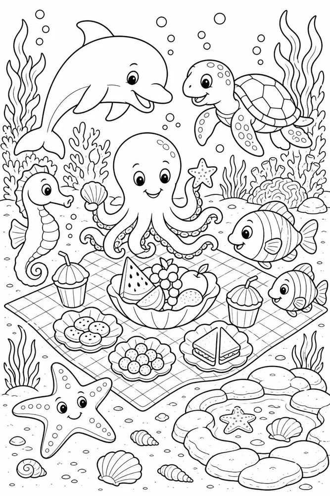 Sea Animal Ocean Animal Picnic Fantasy printable coloring page