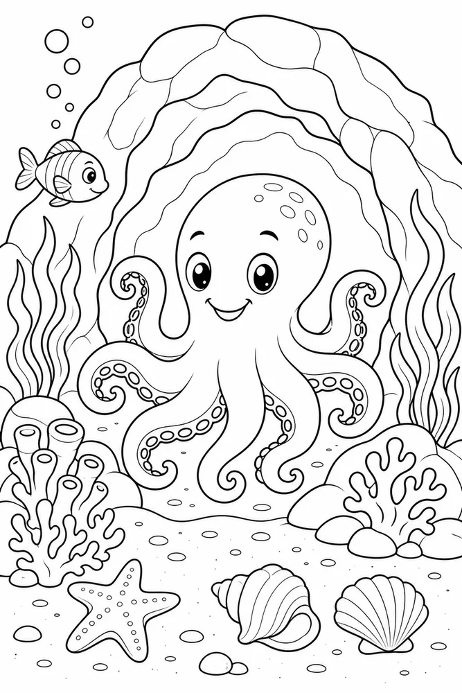 Sea Animal Octopus Cave Scene printable coloring page