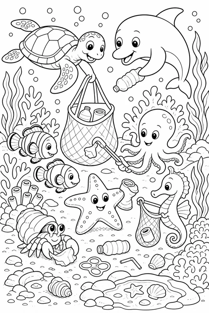 Sea Animal Reef Cleanup Animal Scene printable coloring page