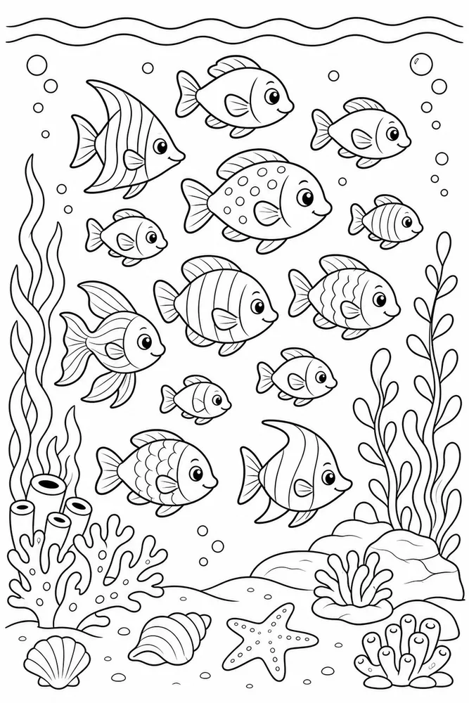 Sea Animal School Of Fish Feature printable coloring page