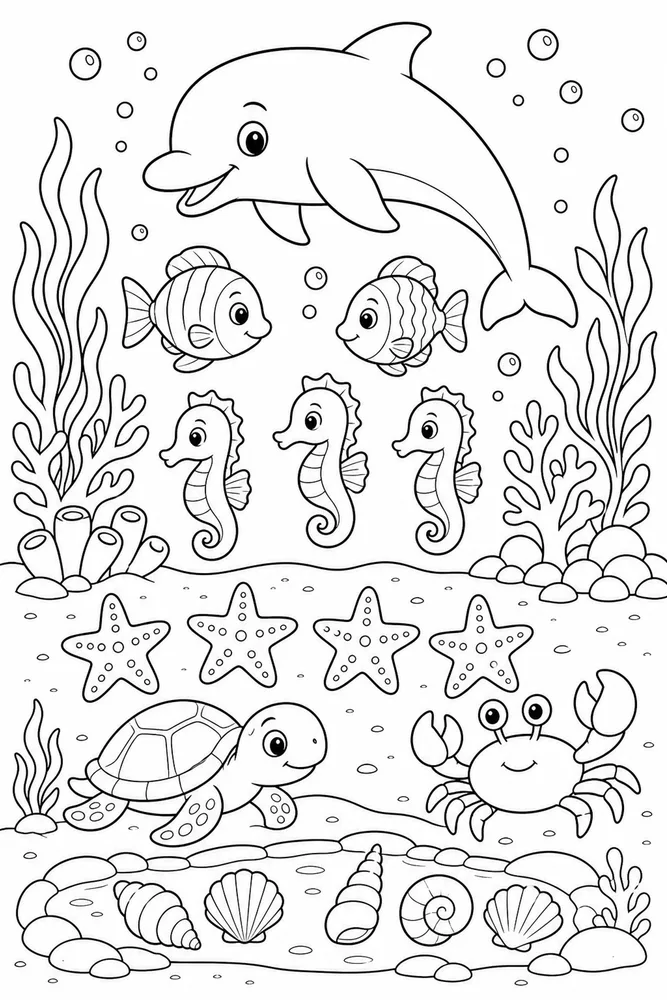 Sea Animal Sea Animal Counting Group printable coloring page