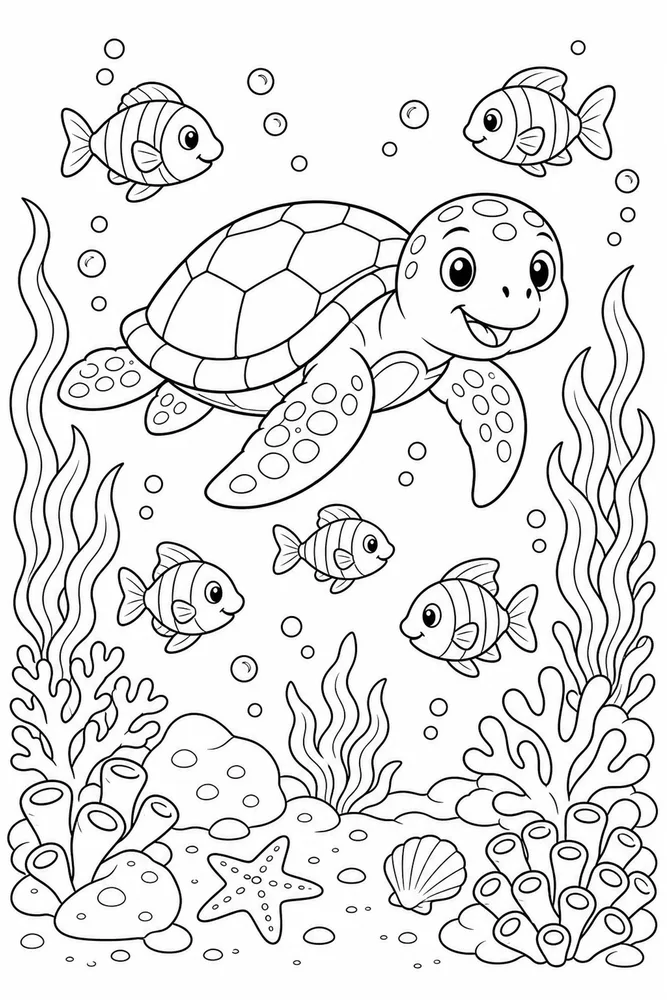 Sea Animal Sea Turtle And Fish Group printable coloring page