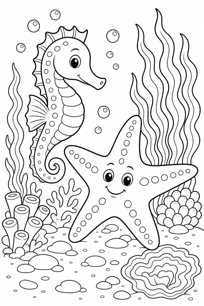 Sea Animal Seahorse And Starfish Scene printable coloring page