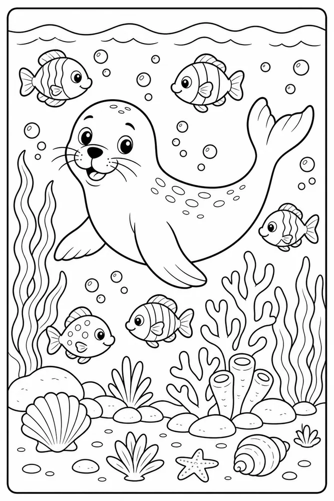 Sea Animal Seal And Fish Scene printable coloring page