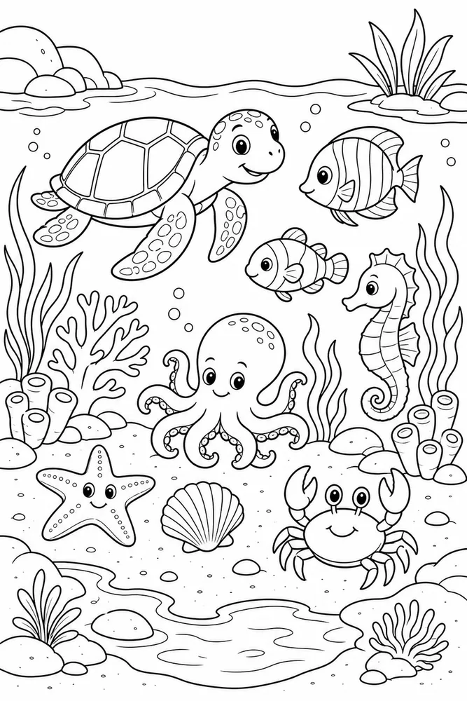 Sea Animal Shallow Lagoon Animal Scene printable coloring page