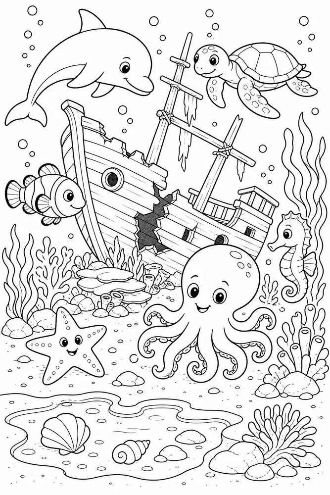 Sea Animal Shipwreck Animal Group printable coloring page