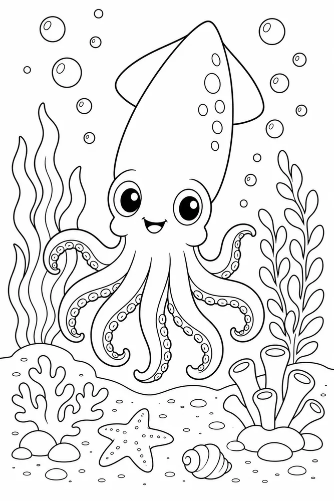 Sea Animal Squid And Bubbles printable coloring page