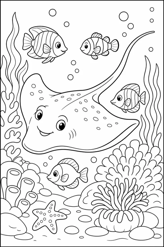 Sea Animal Stingray And Reef Fish printable coloring page