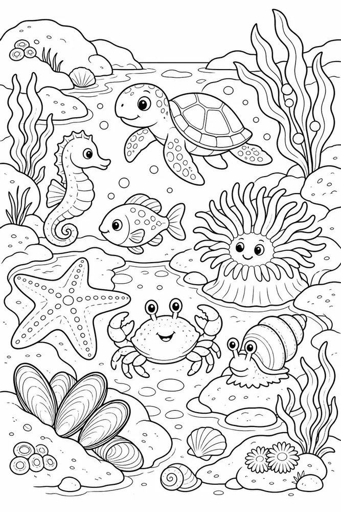 Sea Animal Tide Pool Animal Group printable coloring page