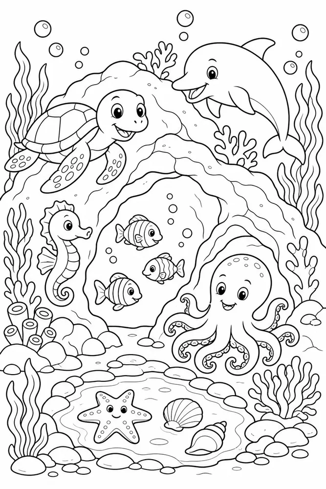 Sea Animal Underwater Cave Group printable coloring page