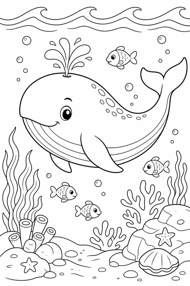 Sea Animal Whale And Small Fish printable coloring page