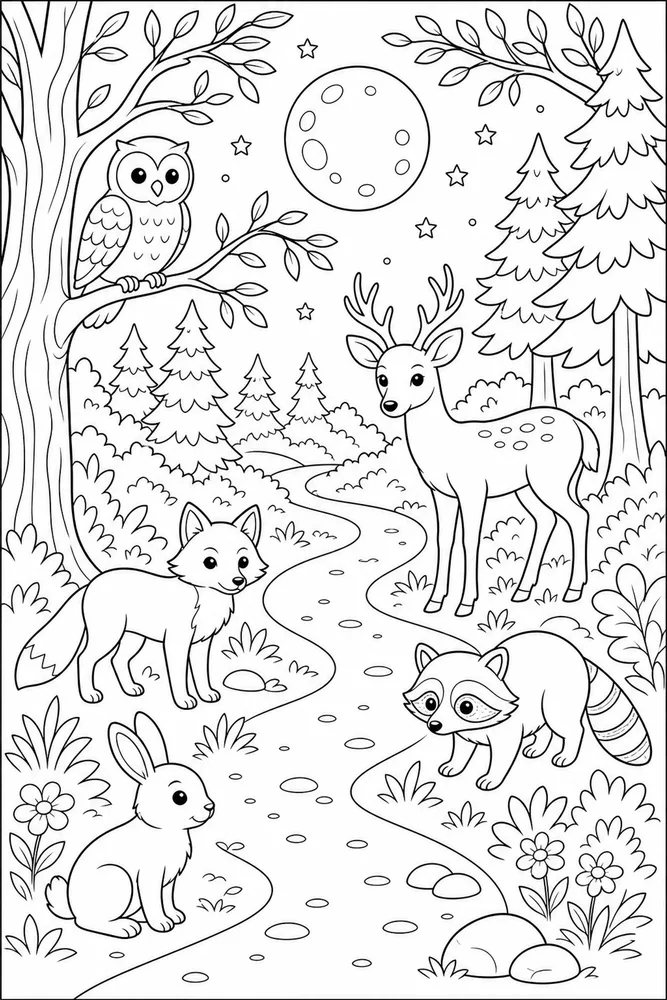 Wild Animals Moonlight Trail coloring page
