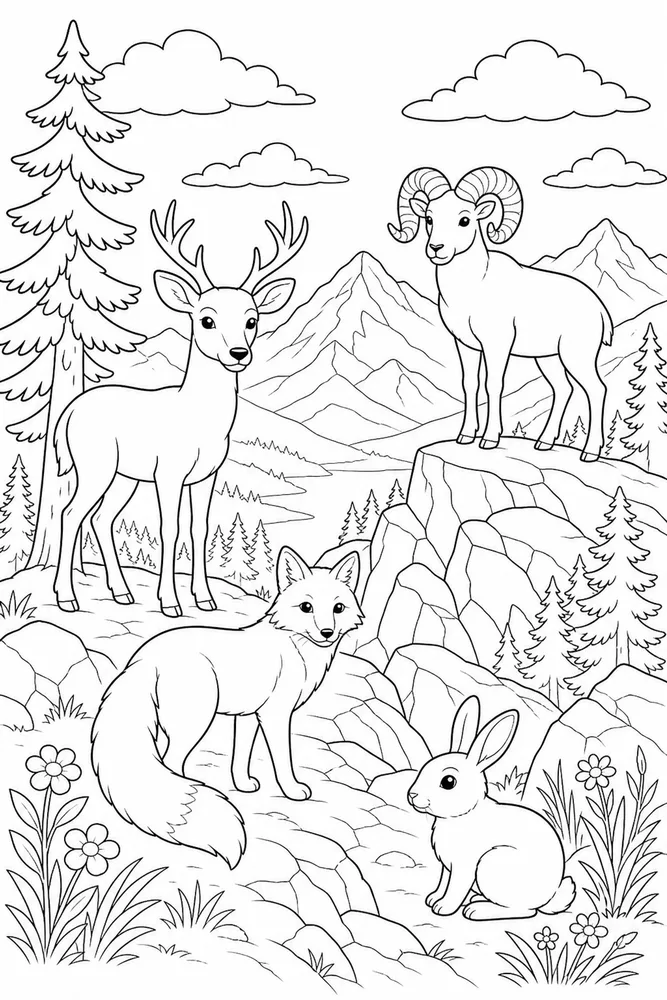 Wild Animals Mountain Overlook coloring page