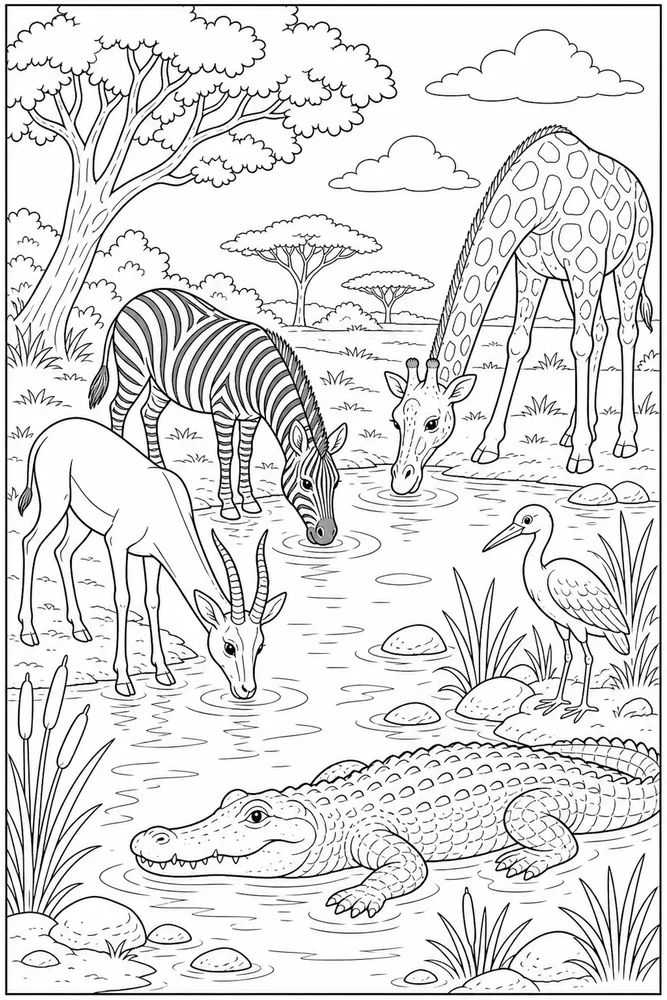 Wild Animals River Drinking Spot coloring page