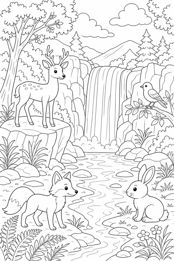 Wild Animals Waterfall View coloring page