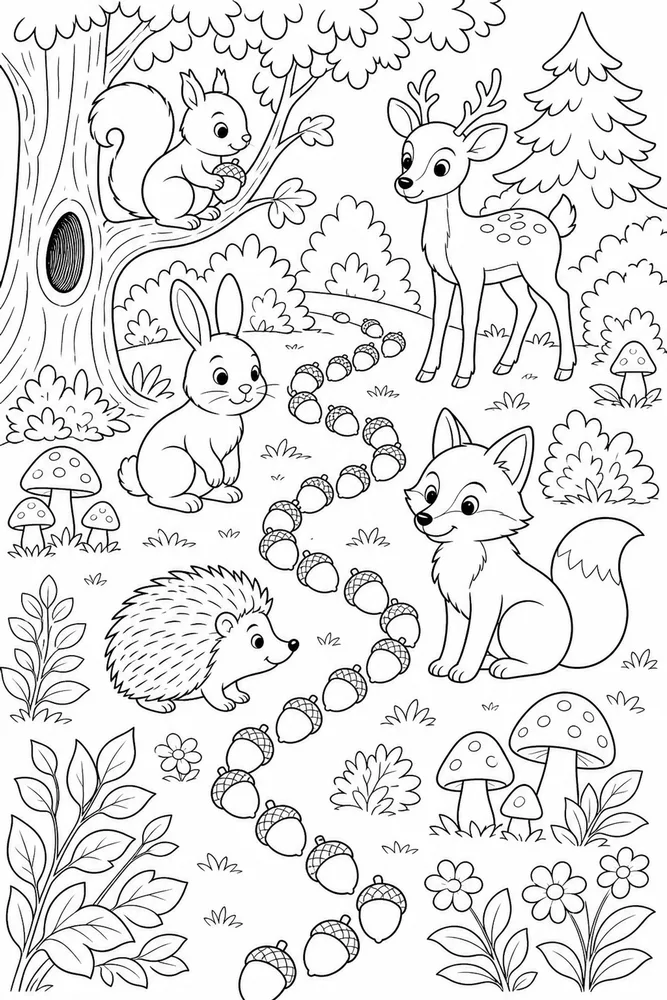 Woodland Animals Acorn Path coloring page