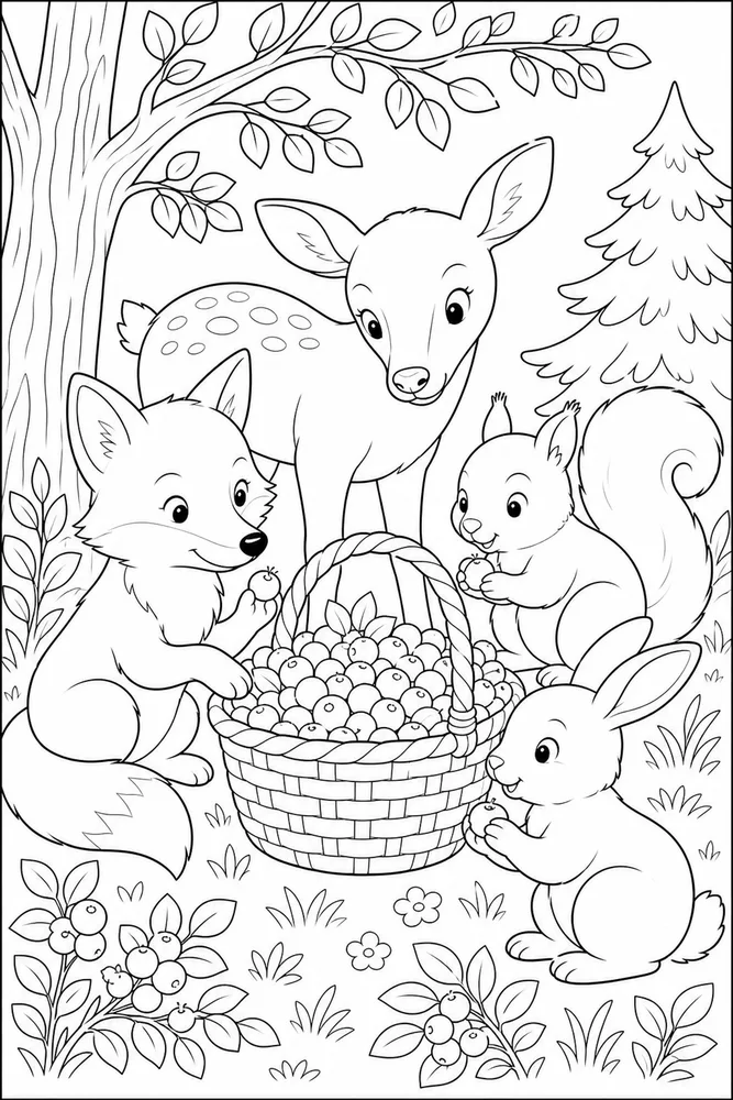 Woodland Animals Berry Basket coloring page