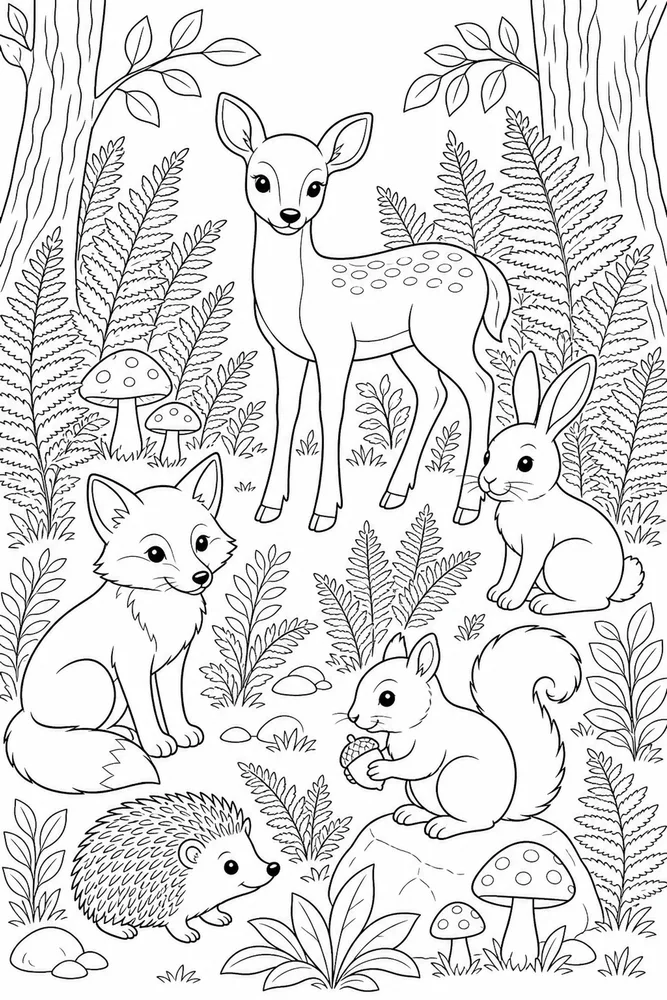 Woodland Animals Fern Clearing coloring page