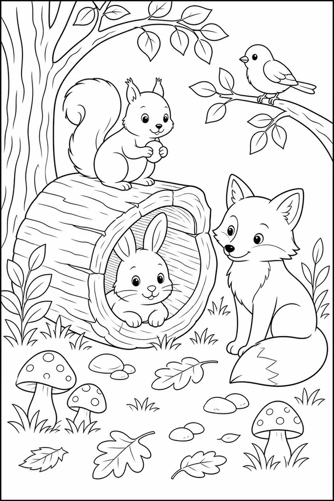 Woodland Animals Hollow Log coloring page