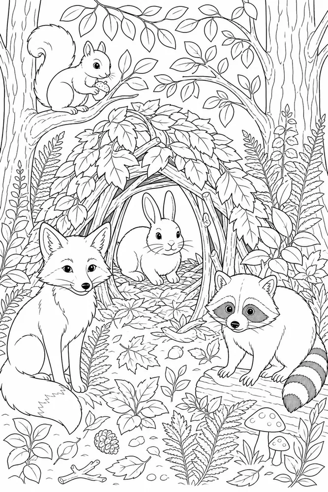 Woodland Animals Leafy Den coloring page