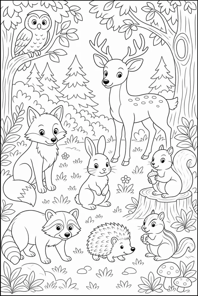 Woodland Animals Raccoon Free Mixed Wildlife coloring page