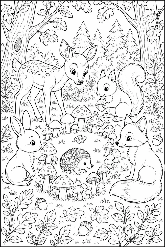Woodland Animals Mushroom Ring coloring page