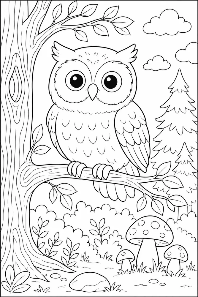 Woodland Animals Owl Tree coloring page