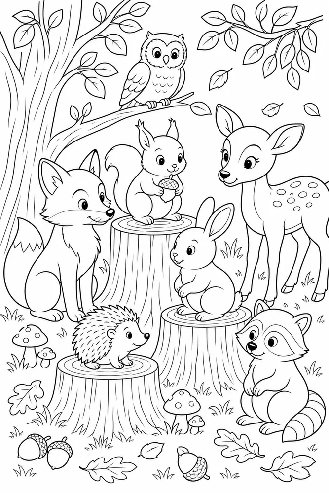 Woodland Animals Tree Stump Group coloring page