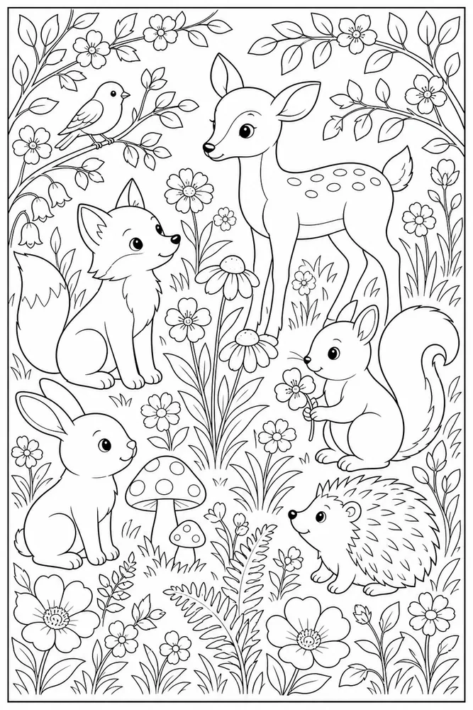 Woodland Animals Woodland Flowers coloring page