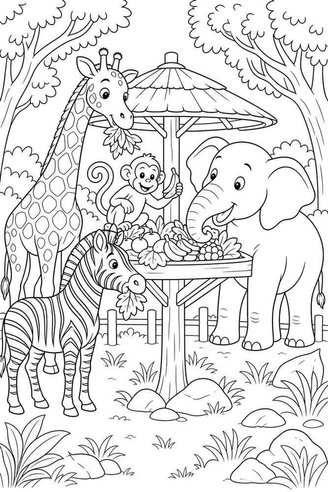 Zoo Animals Feeding Platform coloring page