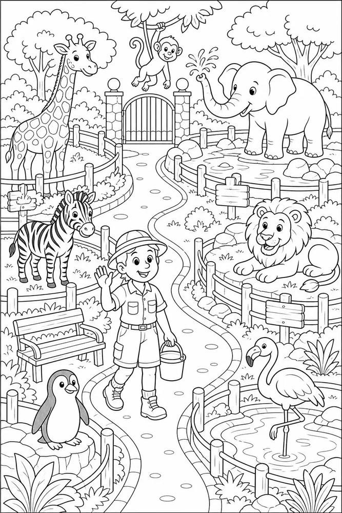 Zoo Animals Keeper Path coloring page