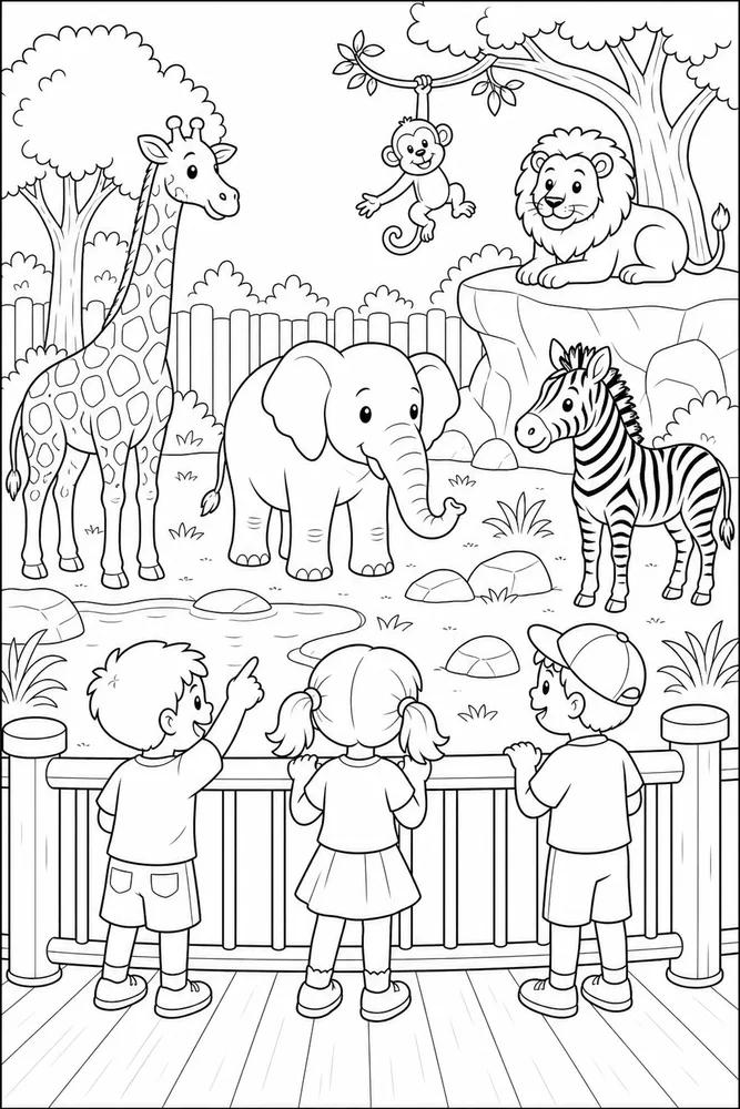 Zoo Animals Kids Viewing Rail coloring page