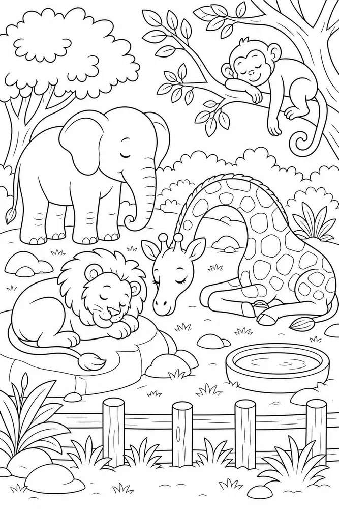 Zoo Animals Sleepy Habitat coloring page