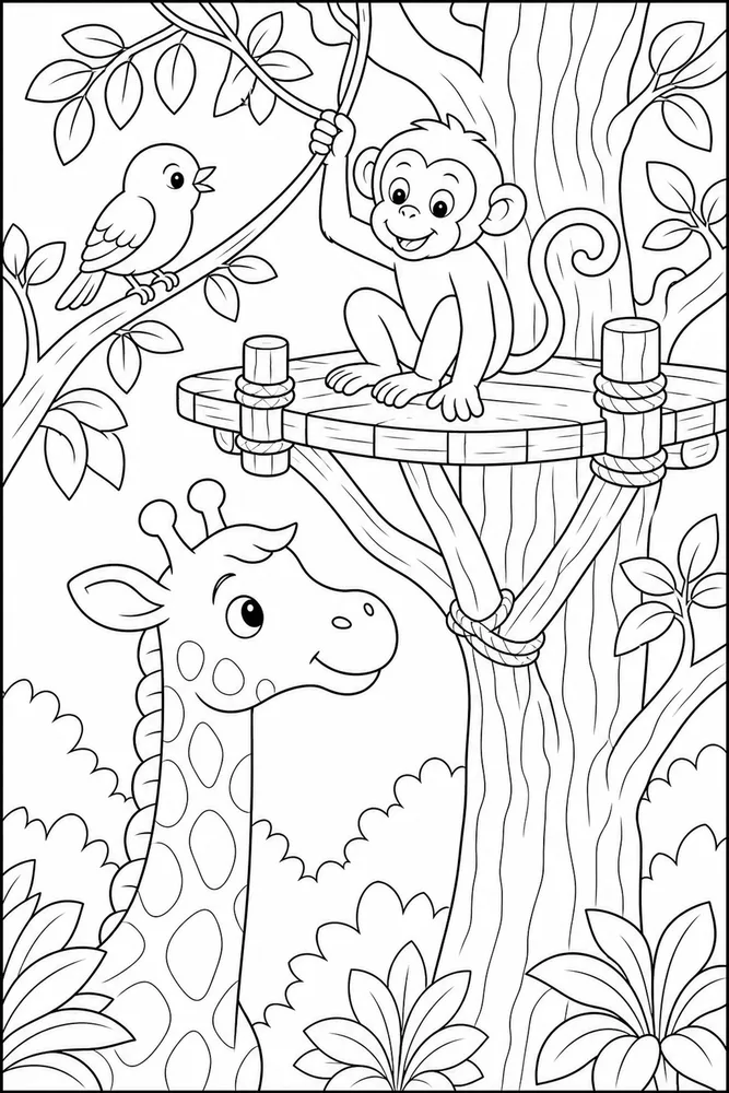 Zoo Animals Tree Platform coloring page