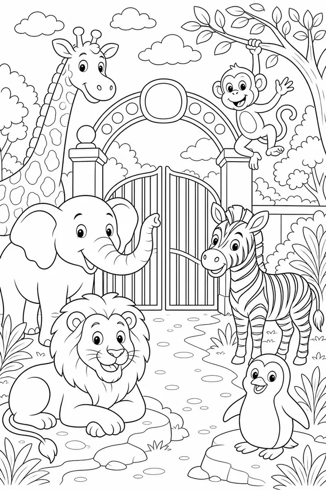 Zoo Animals Zoo Gate Group coloring page