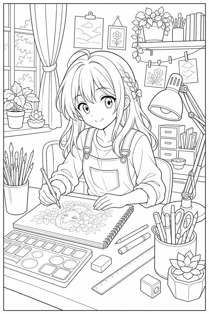 Anime Girl Anime girl art desk coloring page