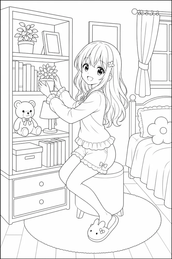 Anime Girl Anime girl bedroom shelf coloring page