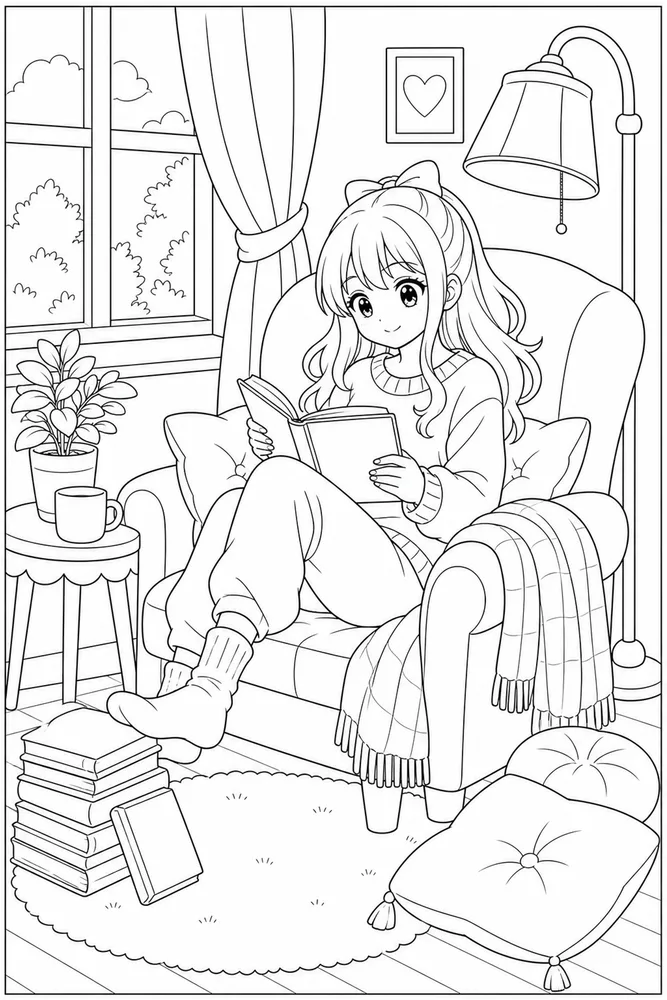 Anime Girl Anime girl cozy reading nook coloring page