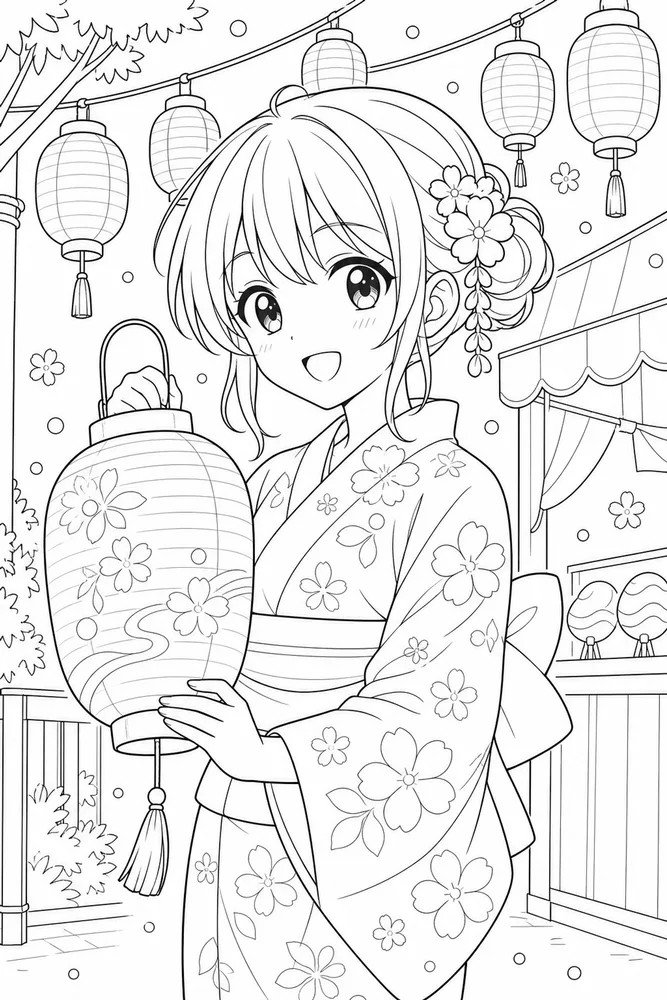 Anime Girl Anime girl festival lantern coloring page