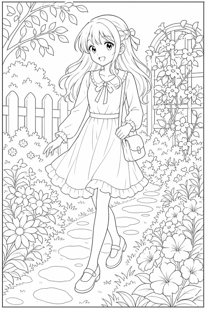 Anime Girl Anime girl garden walk coloring page