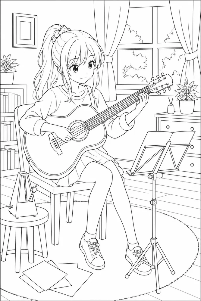 Anime Girl Anime girl music practice coloring page