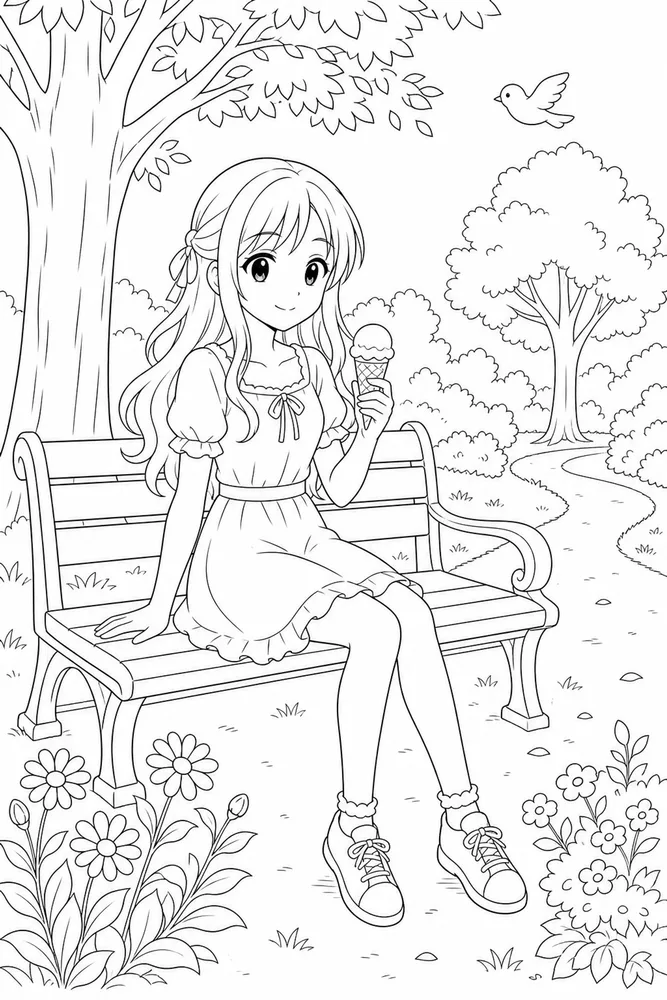 Anime Girl Anime girl park bench coloring page