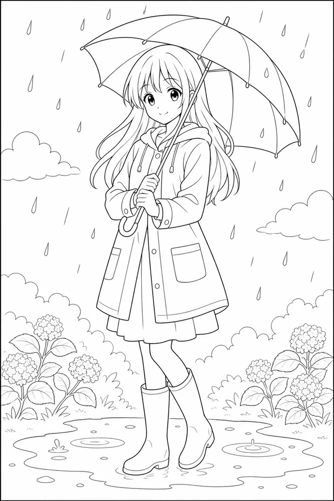 Anime Girl Anime girl rain umbrella coloring page